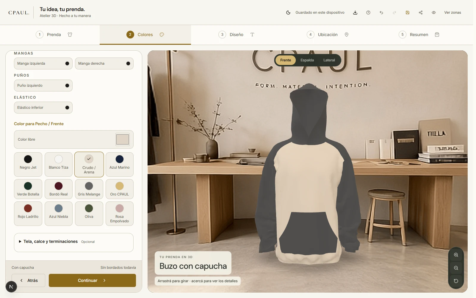 Atelier de CPAUL: prenda tridimensional y controles de color por zona.