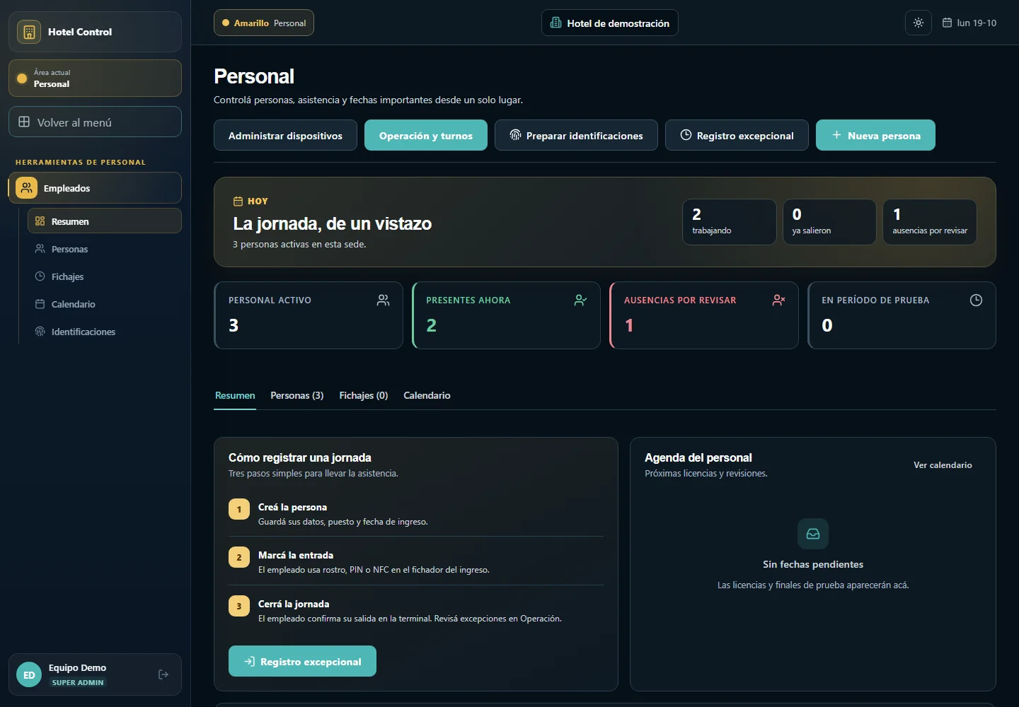 Personal: jornada y asistencia, interfaz de Vigía con datos de demostración.